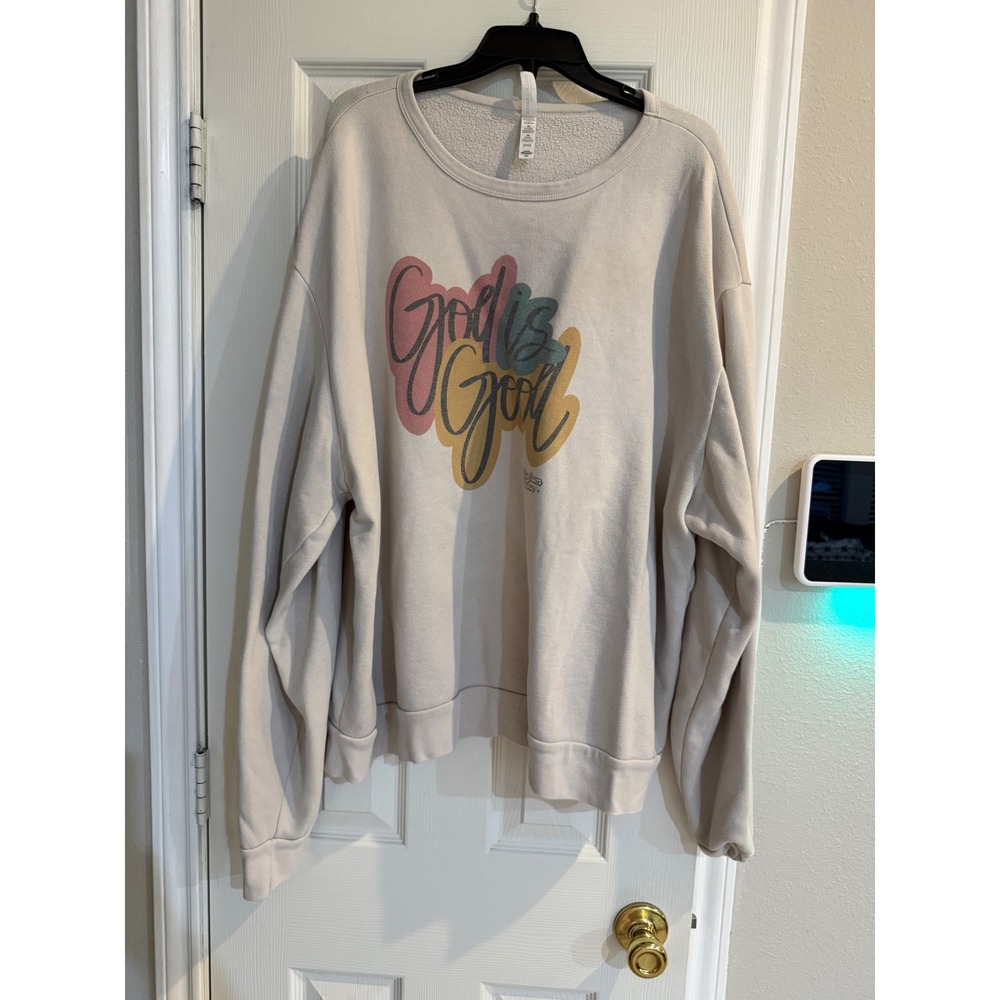 Bella Canvas God is Good Sweatshirt Womens 2XL Beige Fleece Pullover Graphic Tee - Picture 2 of 3